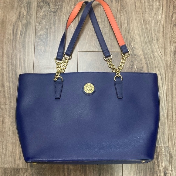 Anne Klein Dark Blue Faux Leather Tote Bag Purse with attached pouch - Picture 1 of 11